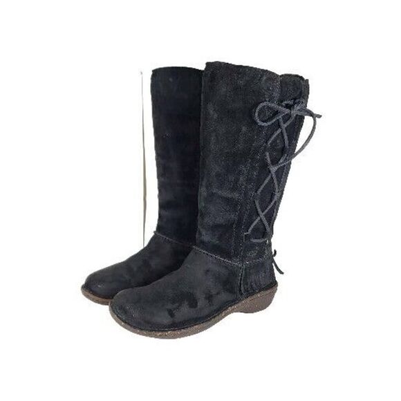 UGG Women's Desoto US 8 Black Suede Sheepskin Lined Fringe Tall Winter Boots - Picture 1 of 16